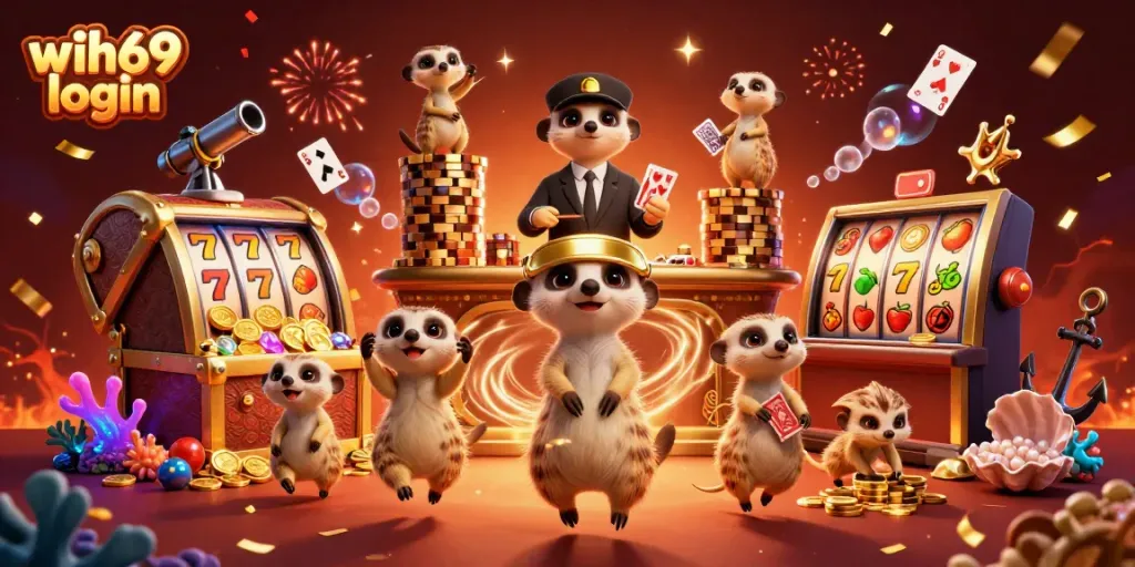 Ilustrasi 3D meerkat di kasino dengan wih69 login, menampilkan suasana ceria dan elemen permainan.