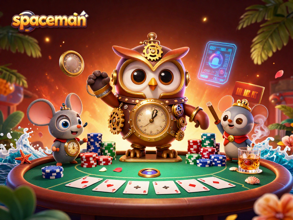 Spaceman-themed casino illustration showing a time-traveler owl and mouse at a poker table, enhancing your gaming experience.
