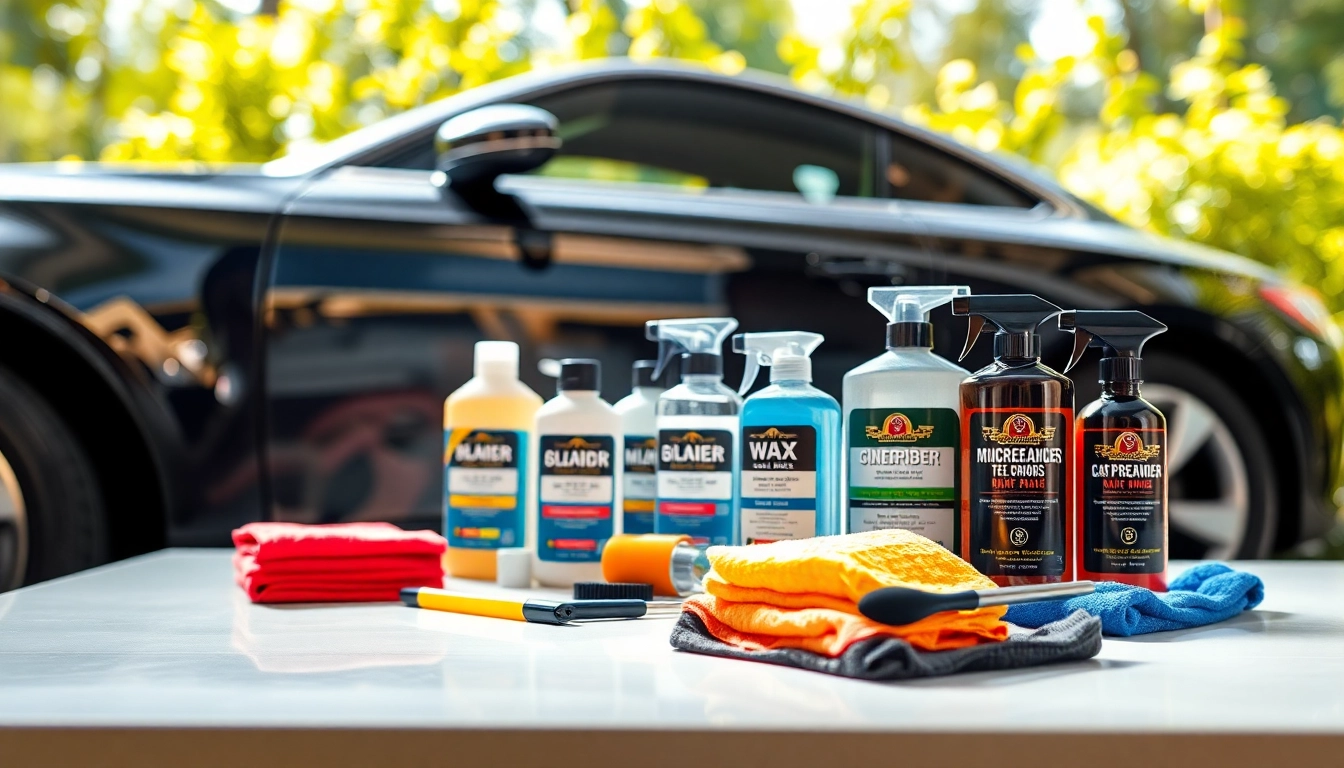 Showcase array of best products for car detailing on polished table, emphasizing cleanliness and quality.