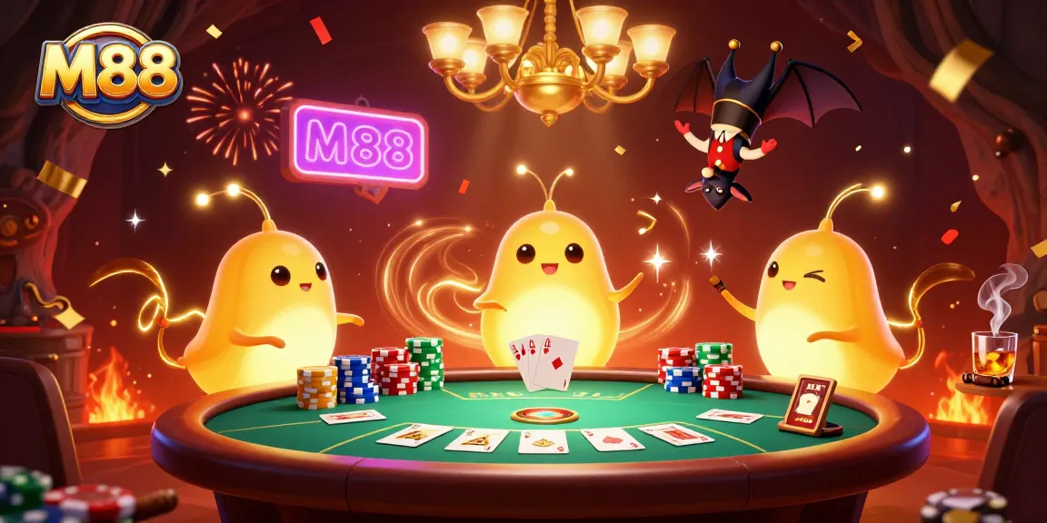 Join M88's lively scene with glowworms lighting up a cave casino for an exciting poker adventure.