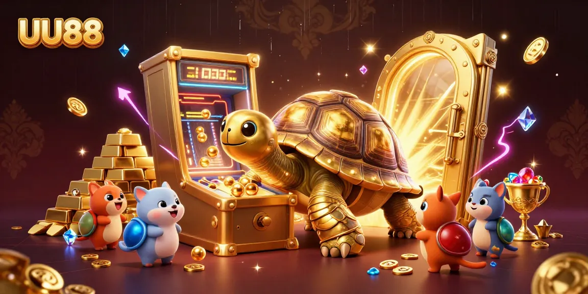 Experience UU88 with a vibrant scene of a golden tortoise pinball machine and treasure galore.