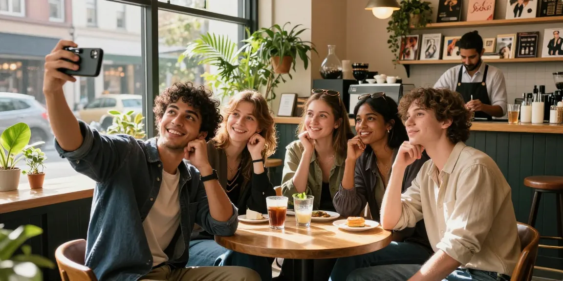 Group enjoying a fun attractiveness test moment in a lively cafe setting.