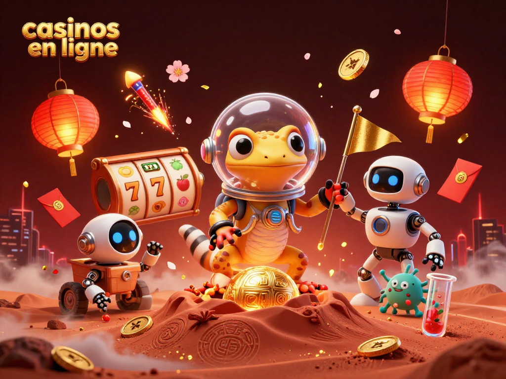Admirez cette illustration de casinos en ligne avec un gecko martien et un rover découvrant un casino doré sur Mars.