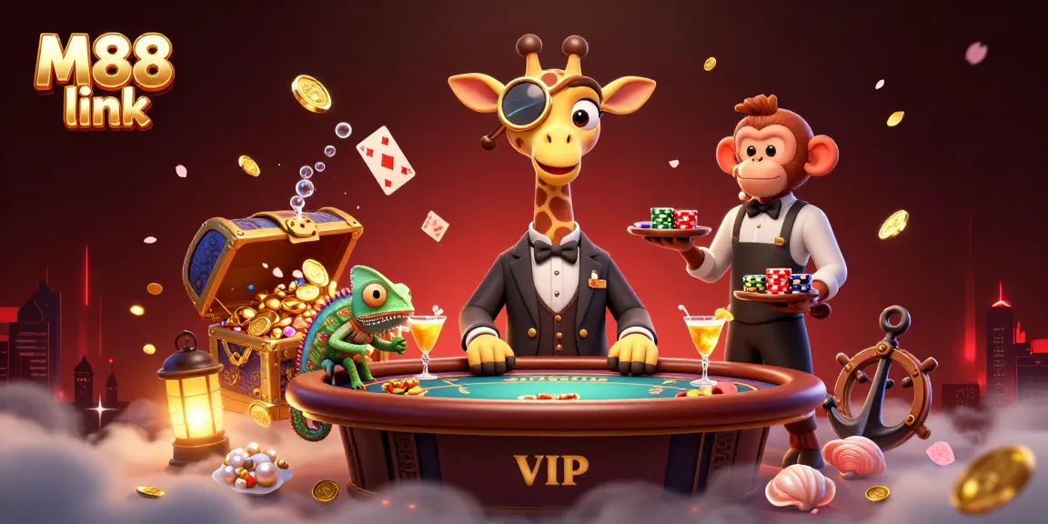 Experience elite gaming with M88 link featuring a giraffe, monkey, and chameleon in a vibrant casino scene.