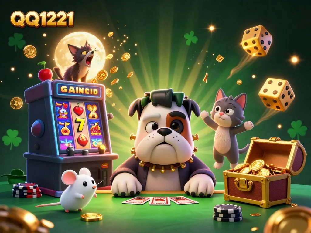 Experience the excitement of QQ1221 with a cartoon dog dealer and thrilling casino elements.