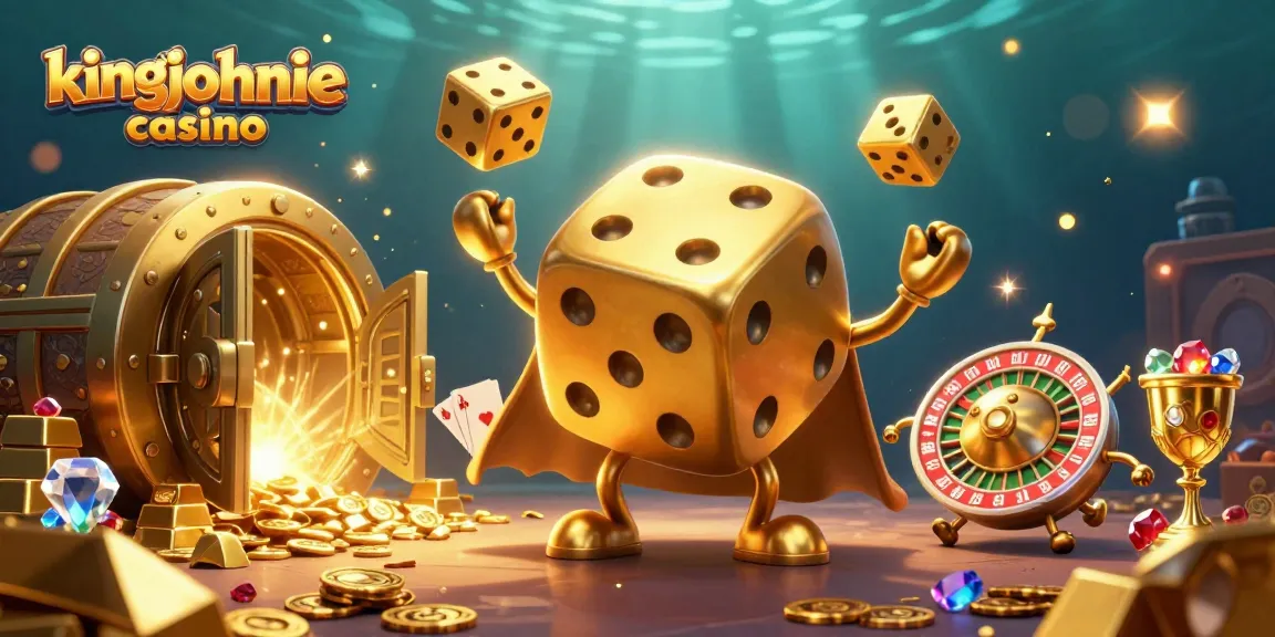 Experience the excitement at kingjohnnie casino with golden dice and treasure in a vibrant scene.