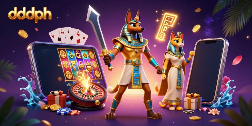 Engage with dddph through an energetic scene of ancient deities and dynamic casino elements.