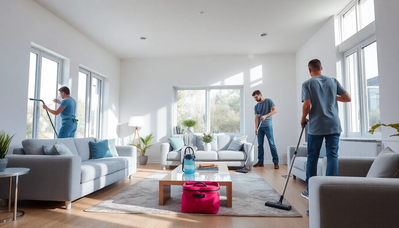 Bond cleaning professionals expertly cleaning a modern living room with bright lighting.