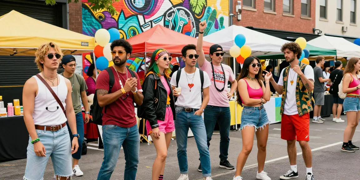Engaging street fair scene showcasing look alikes of famous people enjoying vibrant activities and celebrity-themed outfits.