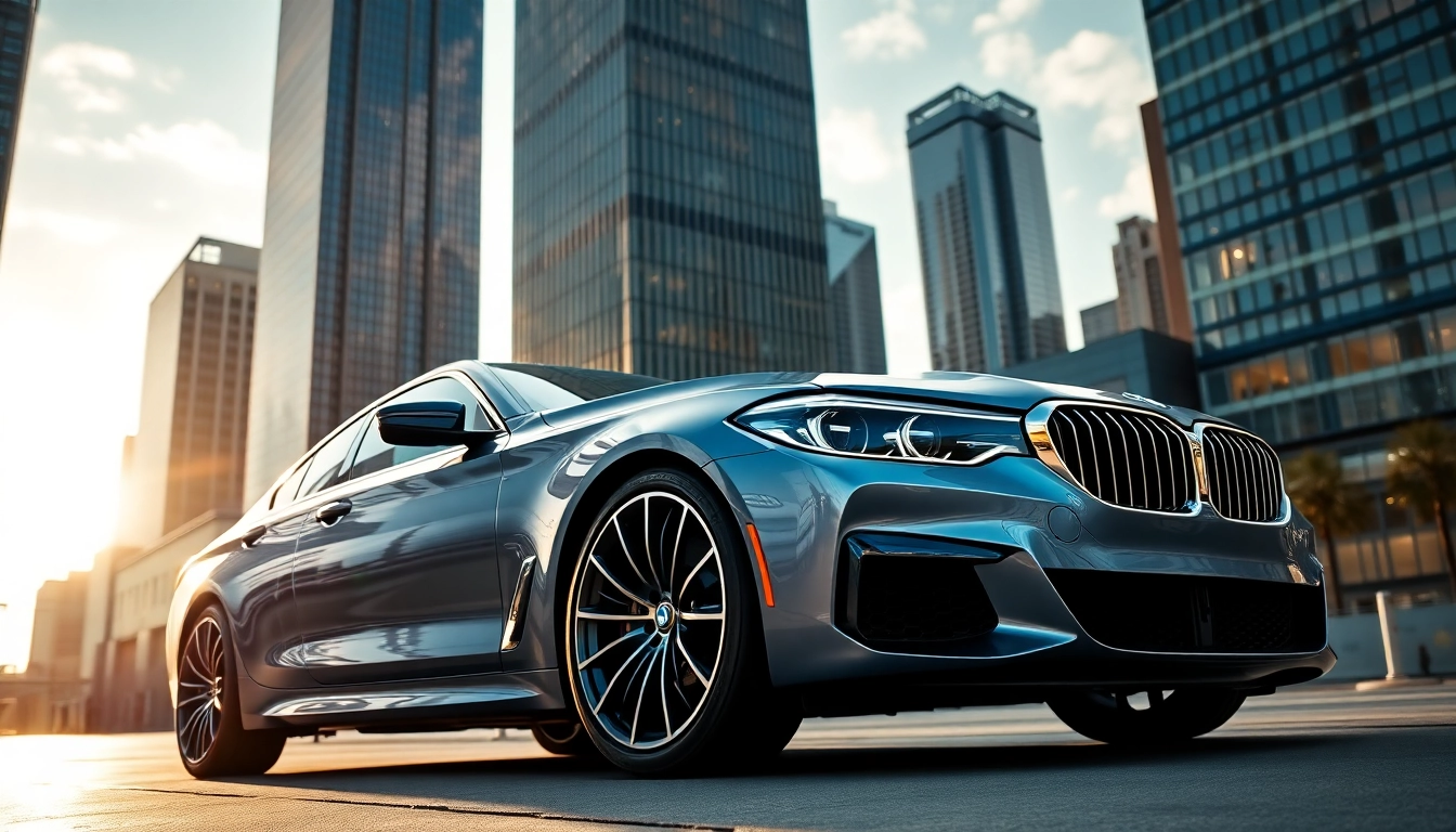 Featuring a Luxury BMW car gleaming against a modern skyline, highlighting its elegant design.