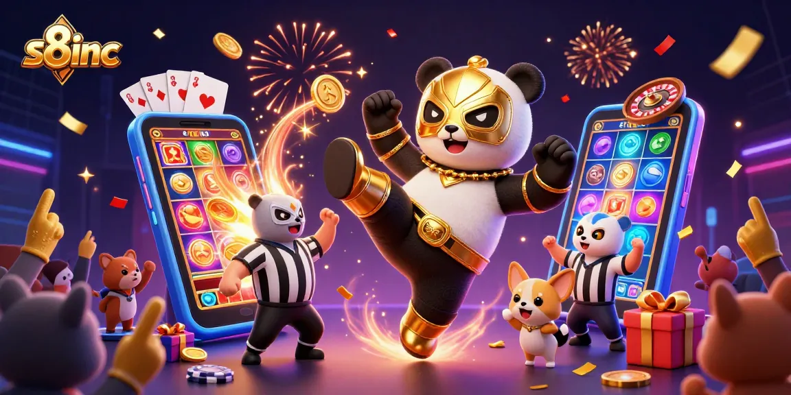 s8inc showcases a thrilling scene of a wrestling panda and chihuahua referee amidst casino games, emphasizing excitement.