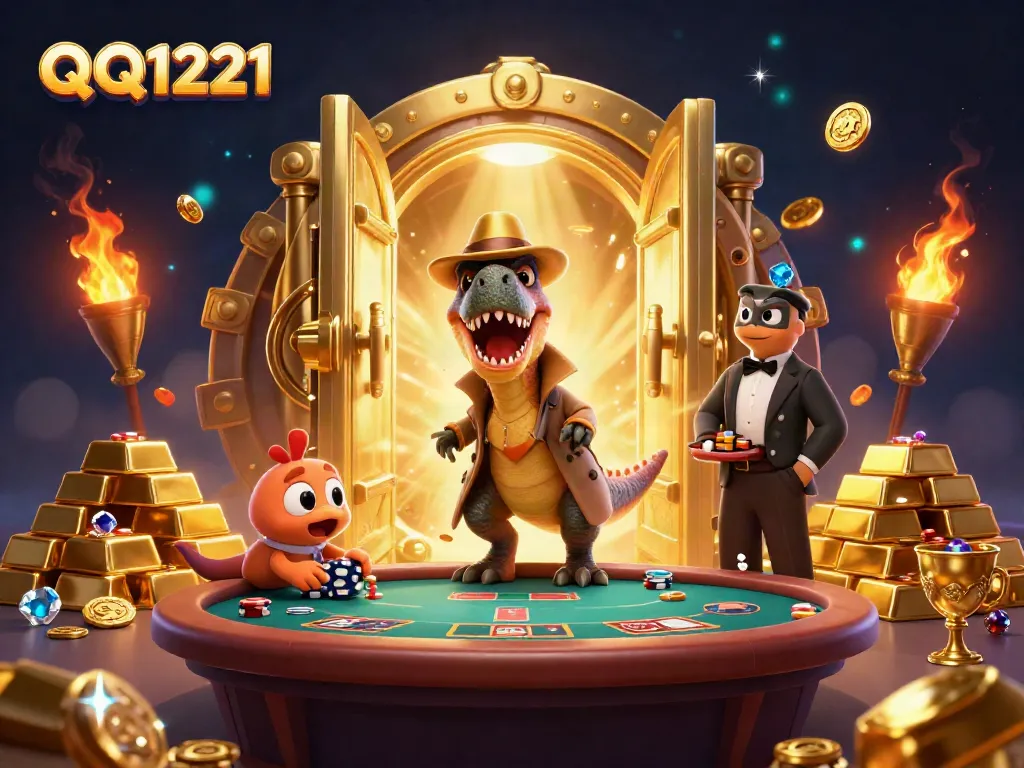Experience thrilling gameplay with QQ1221 at a dynamic blackjack table surrounded by cartoon dinosaurs.