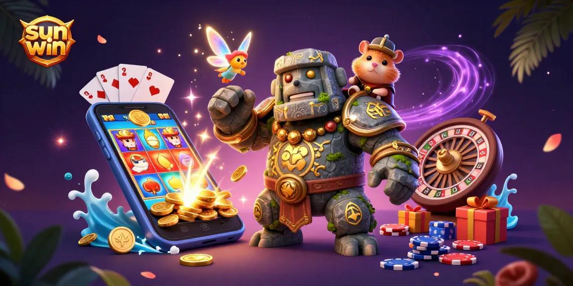 Spin the reels and win with sun win in this vibrant casino-themed 3D fantasy illustration.