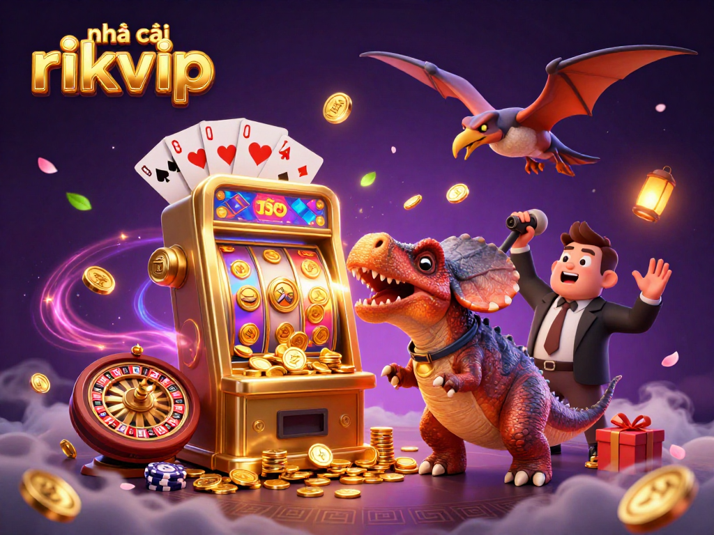 nhà cái rikvip promotes a thrilling scene with a cartoon dinosaur at a lively casino