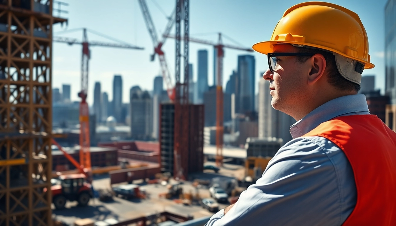 New York City Construction Manager supervising an active construction site with workers and cranes.