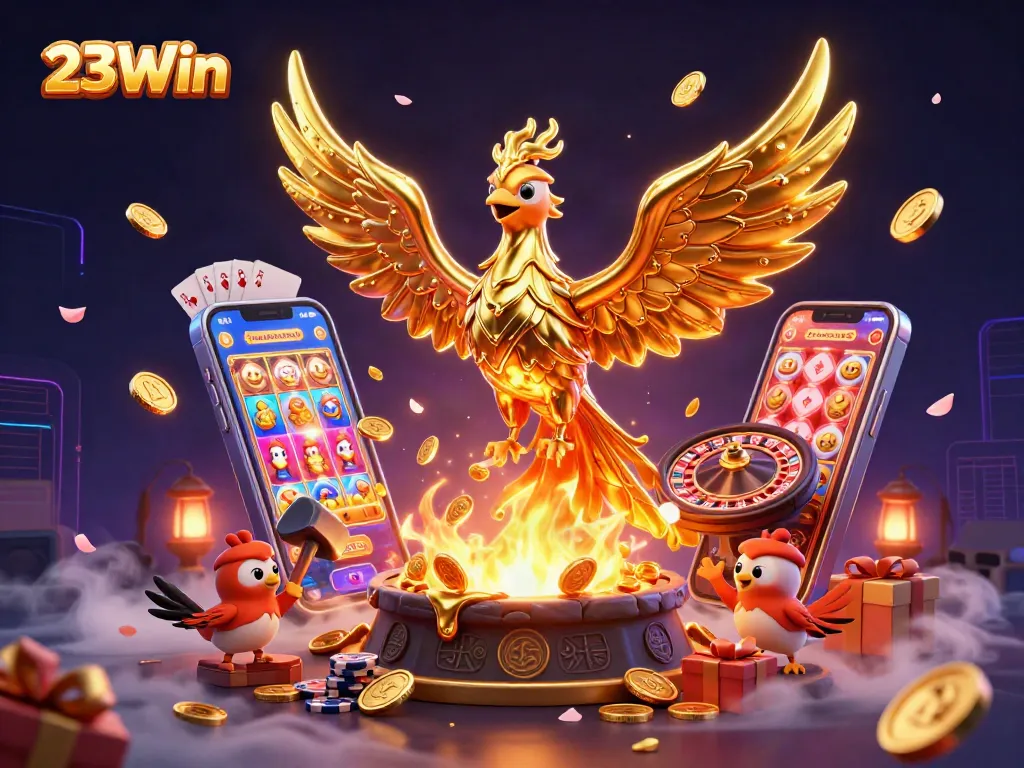 Experience the thrill of gaming with 23Win's dynamic casino scene filled with golden coins, slots, and vibrant characters.