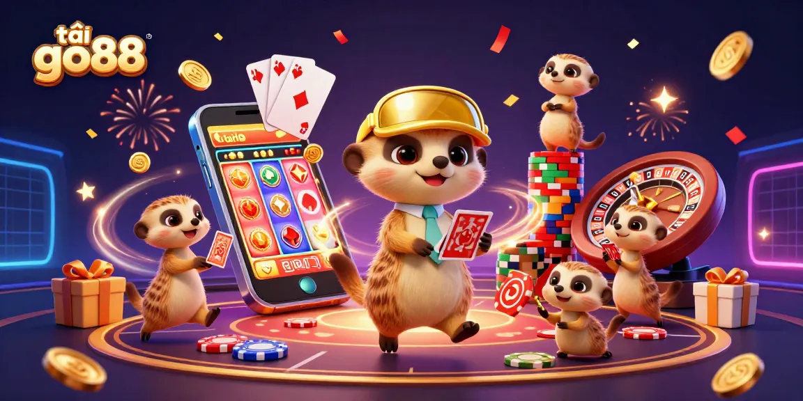 Engaging meerkat casino scene showcasing tải go88 gameplay with vibrant slot games and festive elements.