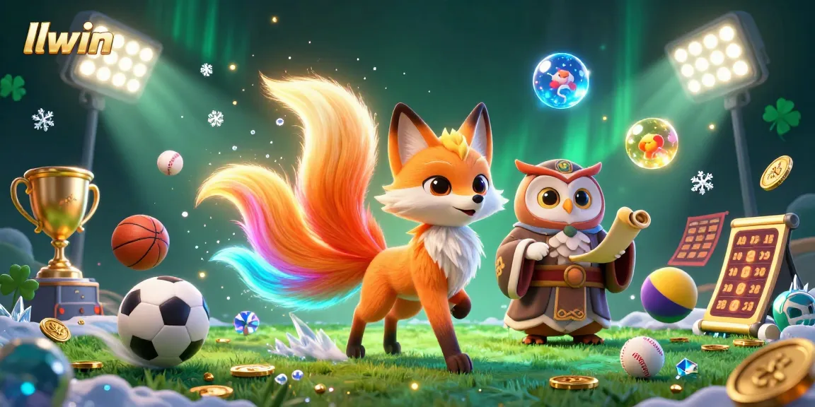 Experience the vibrant llwin casino with a magical fox and wise owl amidst dynamic sports elements.
