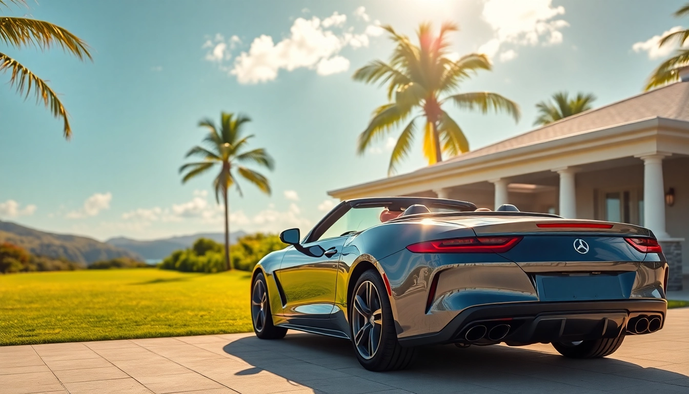 Stylish convertible parked outside a villa symbolizing car hire st barth options for luxury travelers.