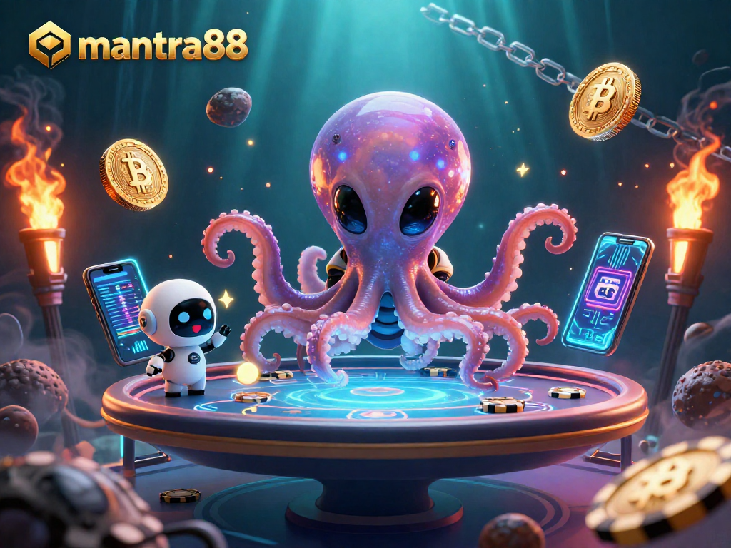Engage with mantra88's dynamic gaming experience featuring a vibrant alien octopus at a holographic poker table.
