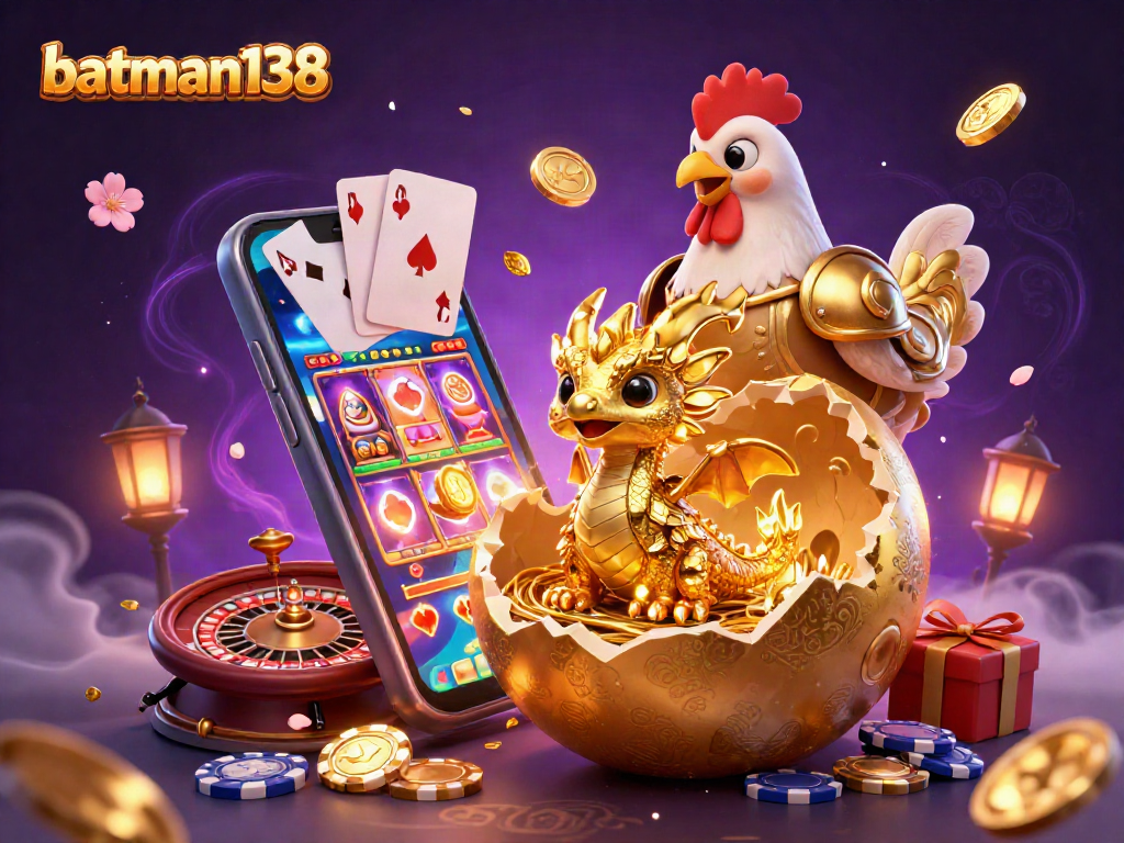 Engage with batman138's vibrant online casino through a golden dragon and poker chips, showcasing gaming excitement.
