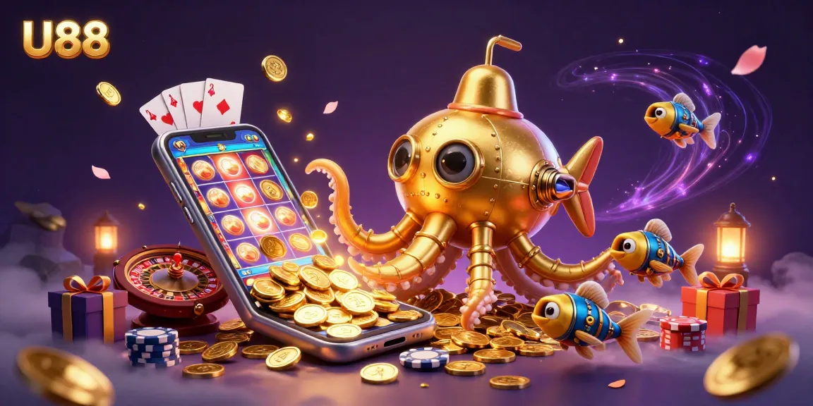 Engage with U88's colorful slot games amidst golden kraken submarine and mechanical fish.