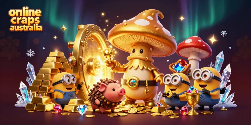 Experience the thrill of online craps Australia with golden treasures and magical elements in a playful 3D scene.