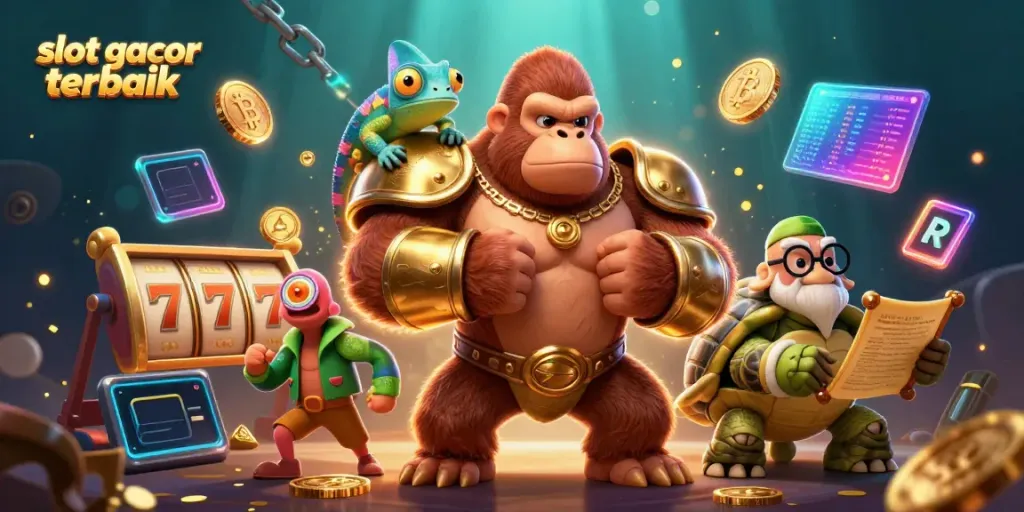 Gorila kuat dan karakter lucu dalam ilustrasi slot gacor terbaik, merayakan keberuntungan judi.