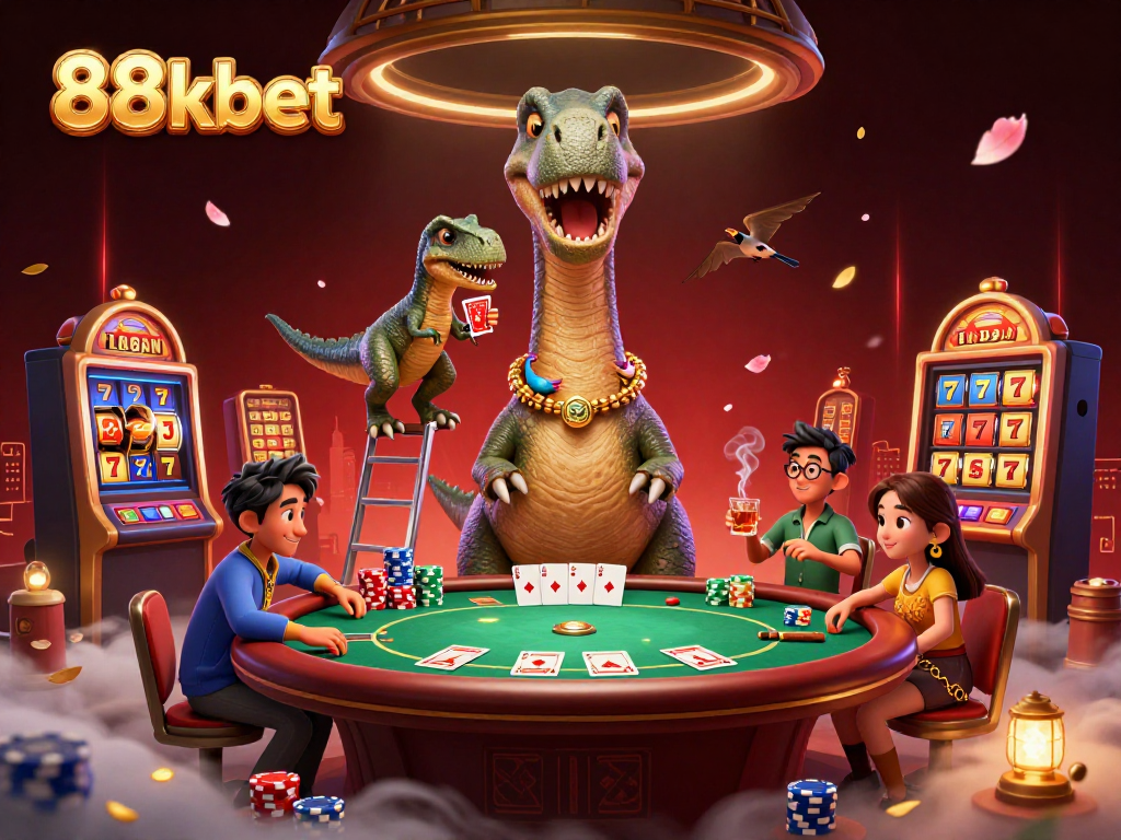 88kbet's vibrant casino scene illustrates a whimsical world of poker with a towering brontosaurus and dynamic gameplay.