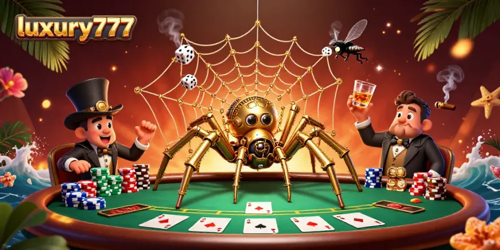 Experience the excitement of luxury777 with a 3D steampunk spider and poker scene.