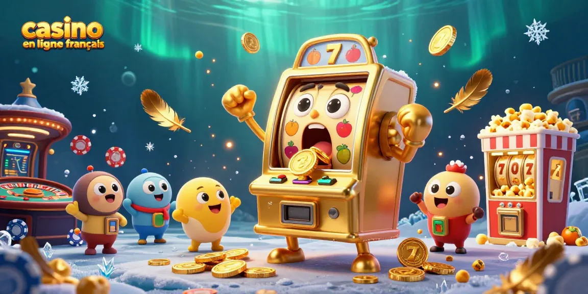Illustration dynamique de casino en ligne français avec une machine à sous dorée, des machines juvéniles et une machine à popcorn.