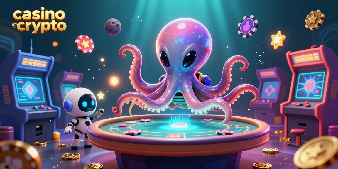 Jouez au casino en crypto avec un octopus extraterrestre animant une table de poker holographique.