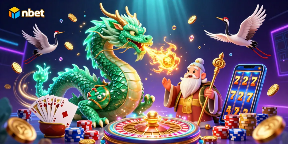 Experience the excitement of nbet with a vibrant 3D illustration of a dragon, turtle sage, and lucky cranes amidst casino elements.