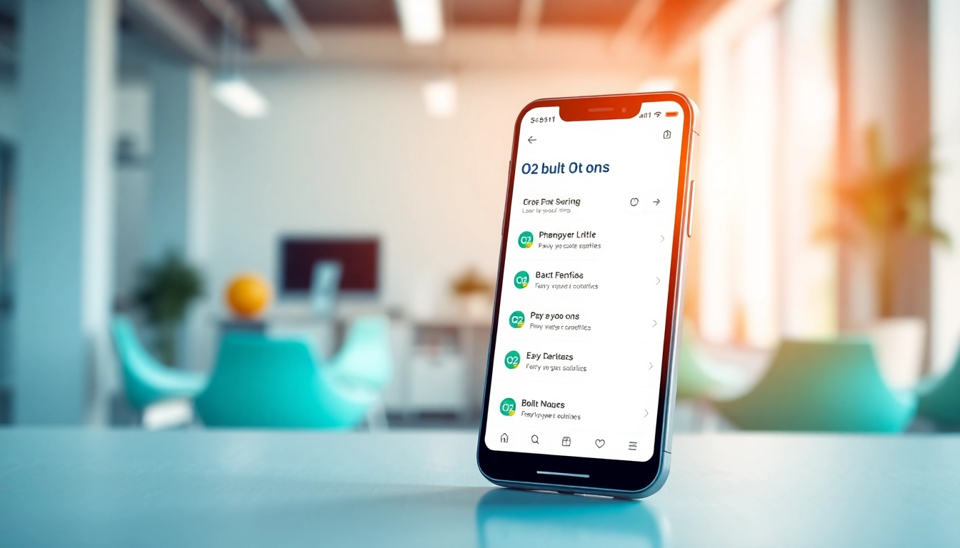 Explore O2 bolt ons for pay as you go on a smartphone in a modern office.