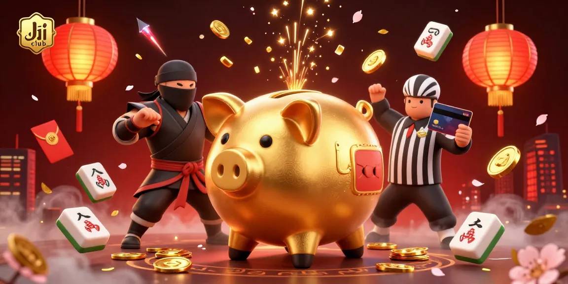 Engaging Jai club scene showcasing a golden piggy bank sumo wrestler amidst fireworks and vibrant casino elements.