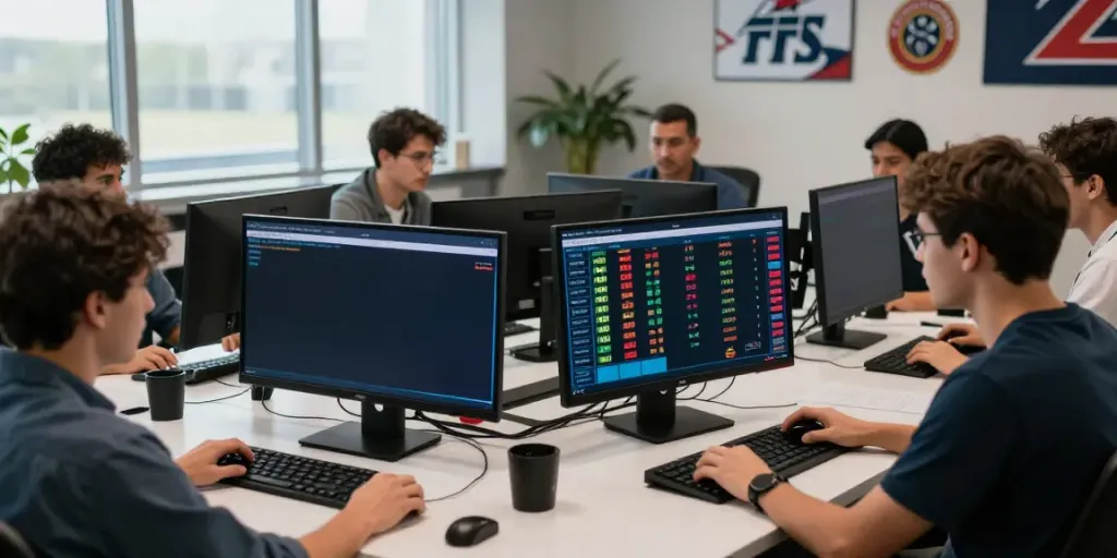 Parsbet ile canlı bahis deneyimi, modern ofis ortamında spor istatistikleri ve heyecan.