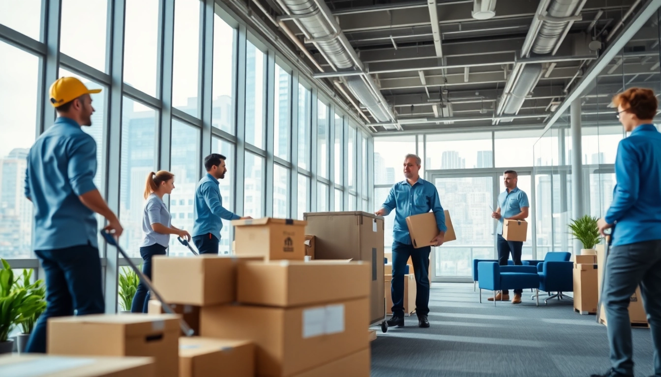 Efficient Office Moving Services NYC depicted as a team of professionals relocating office equipment in Manhattan.
