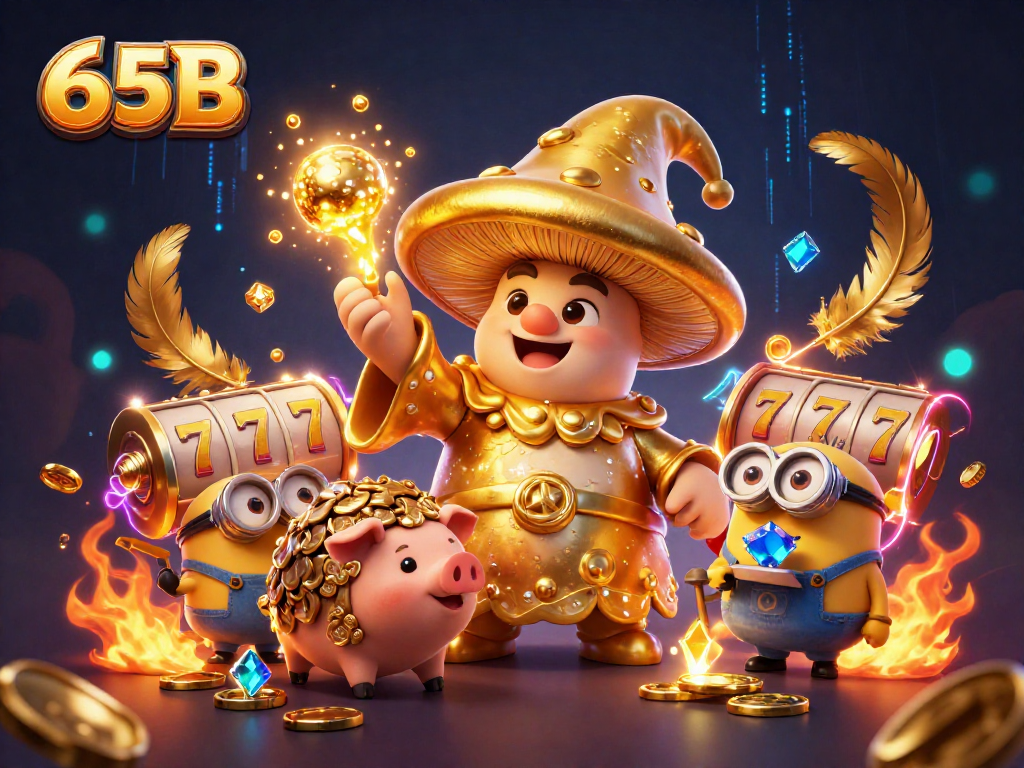 O personagem mágico 65B transforma tesouros em um cassino vibrante repleto de slot reels.