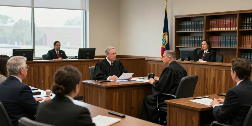 Forsyth County GA DUI court scene with judge, defendant, and lawyer during proceedings.