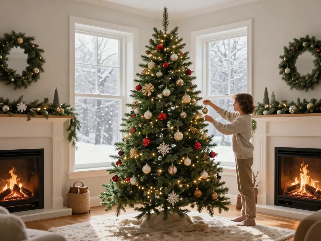 Charming tall skinny Christmas tree decorated with lights and ornaments in a cozy living room.
