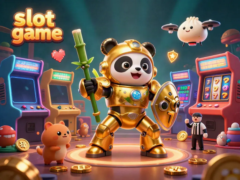 Slot game dengan panda emas mengemudikan robot di arena yang penuh elemen kasino dan penonton hewan.
