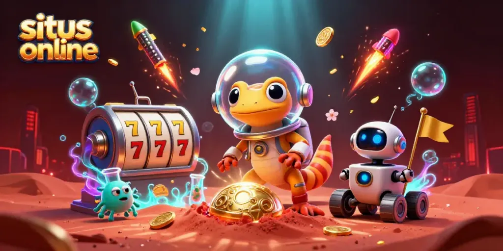 Experience the thrill of situs slot online with a cartoon Martian gecko unearthing a golden casino on Mars.
