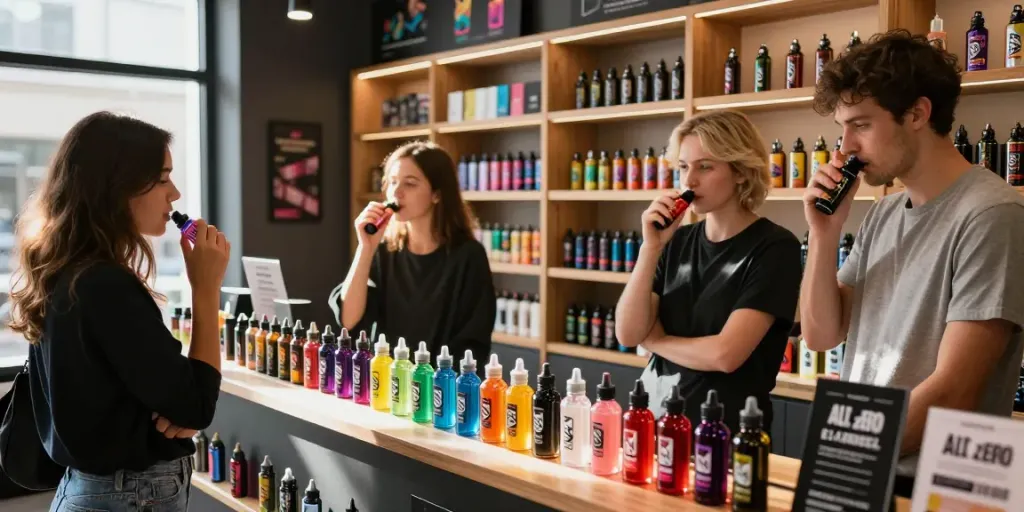Customers enjoying Alt Zero E-Liquid selection in a modern vape shop.