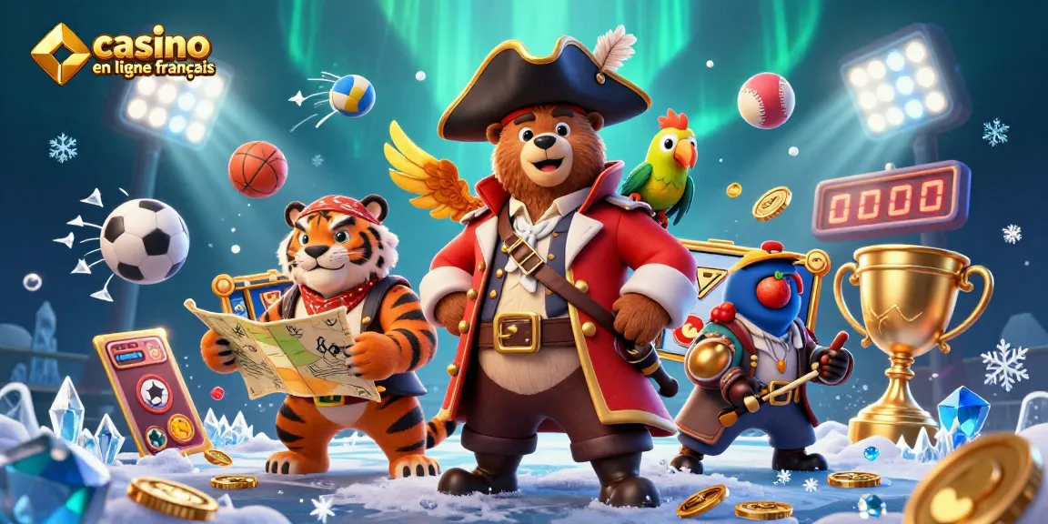Illustration 3D d'un ours pirate et un tigre, représentant le casino en ligne français avec des éléments de jeux.