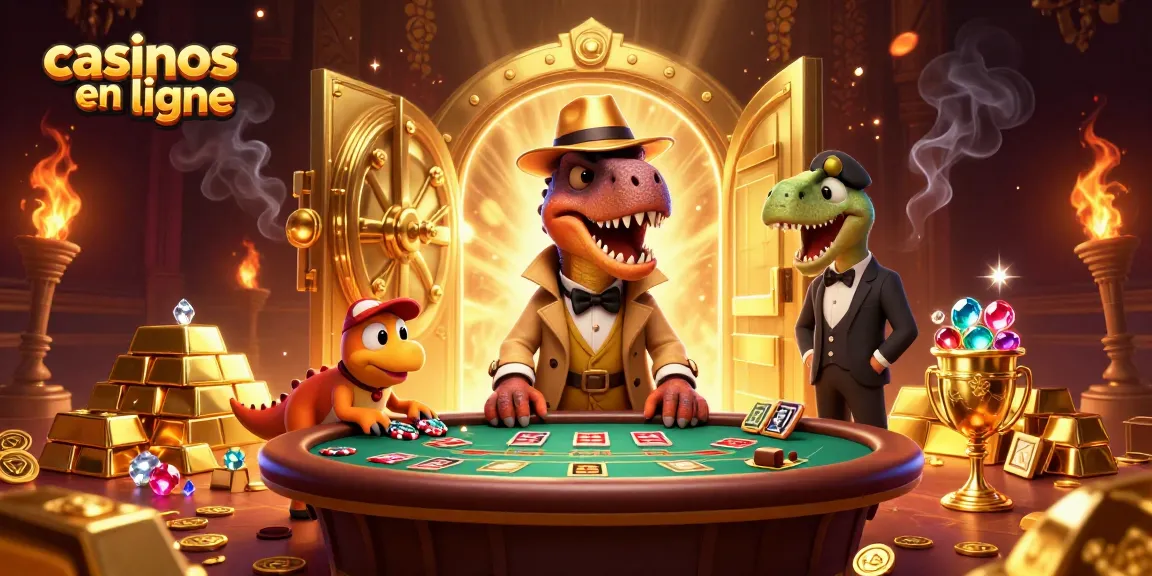 Un velociraptor jouant dans un casino en ligne avec un boss et un pickpocket, ambiance animée.