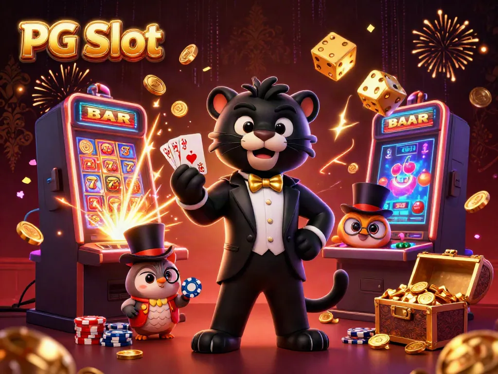 Experience thrilling PG Slot action with a tuxedoed panther dealing cards and playful casino elements.