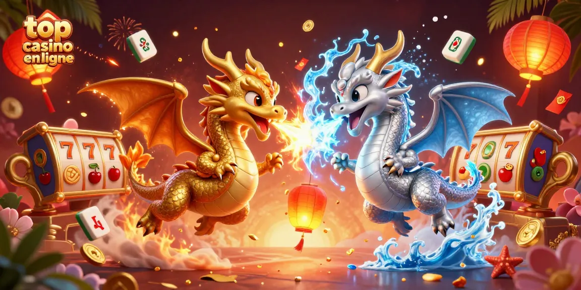 Jouez dans les meilleurs casinos en ligne avec ce visuel captivant de dragons 3D et symboles de jeux.
