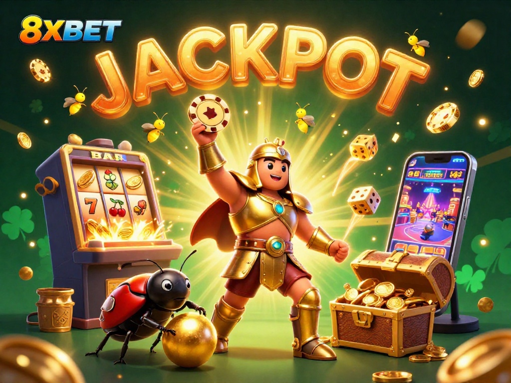 Experience 8XBET with a victorious beetle celebrating a jackpot in a rich casino setting.
