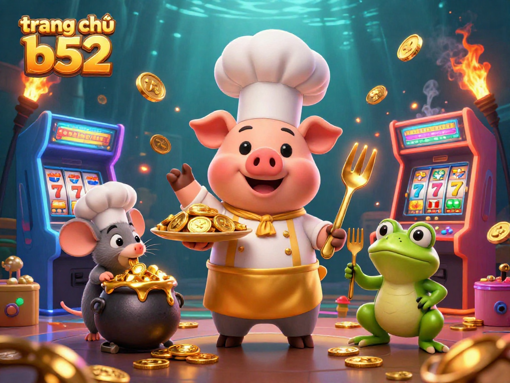 Experience gaming thrill at trang chủ b52 with a cartoon chef pig and vibrant casino elements.