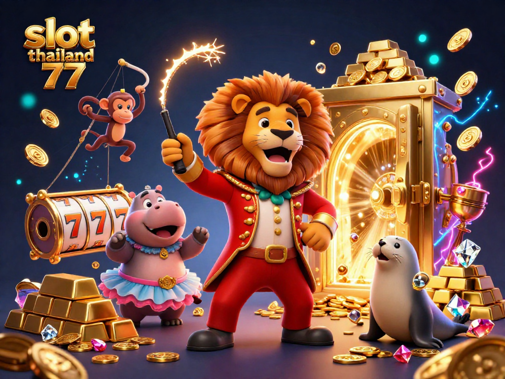 Discover exciting wins with slot thailand 777 in a colorful, dynamic 3D casino scene featuring a ringmaster lion.